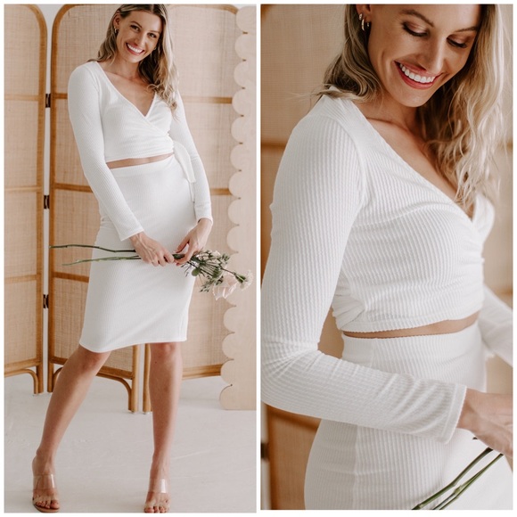 FEW LEFT❗️Sophisticated Sexy Chic Ribbed White 2-Piece Midi Skirt Set - Picture 8 of 8